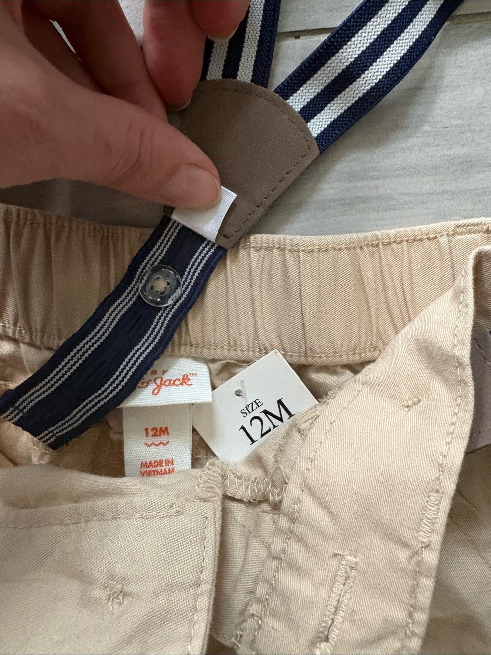 Baby Cream Cotton Shorts with Navy Stripe Suspenders 12 months - Picture 3 of 3